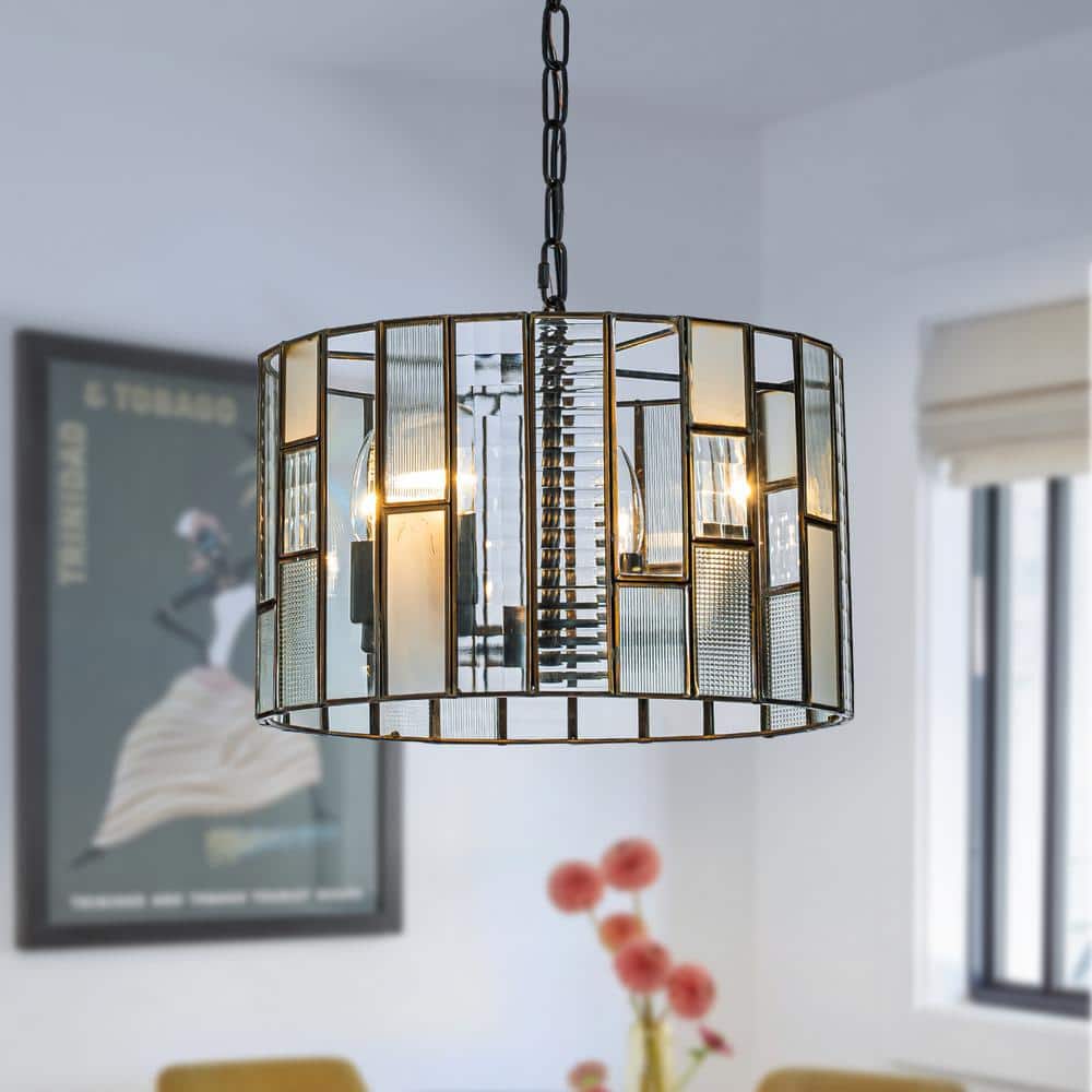 14 in. 4-Light Farmhouse Small Lantern Drum Chandelier in Matte Black with 