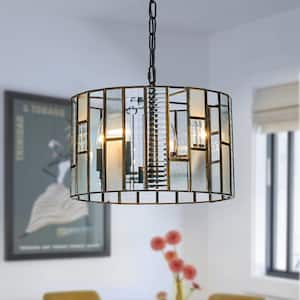 14 in. 4-Light Farmhouse Small Lantern Drum Chandelier in Matte Black with Art Glass for Dining Room