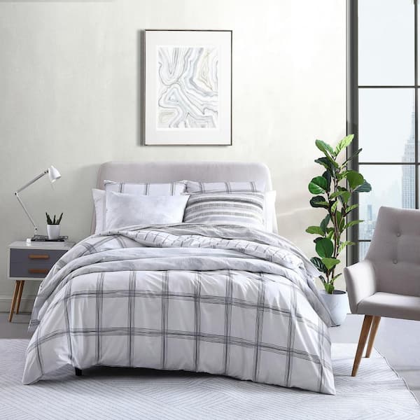 City Scene Kita Plaid 2-Piece Gray Cotton Twin Comforter Set ...