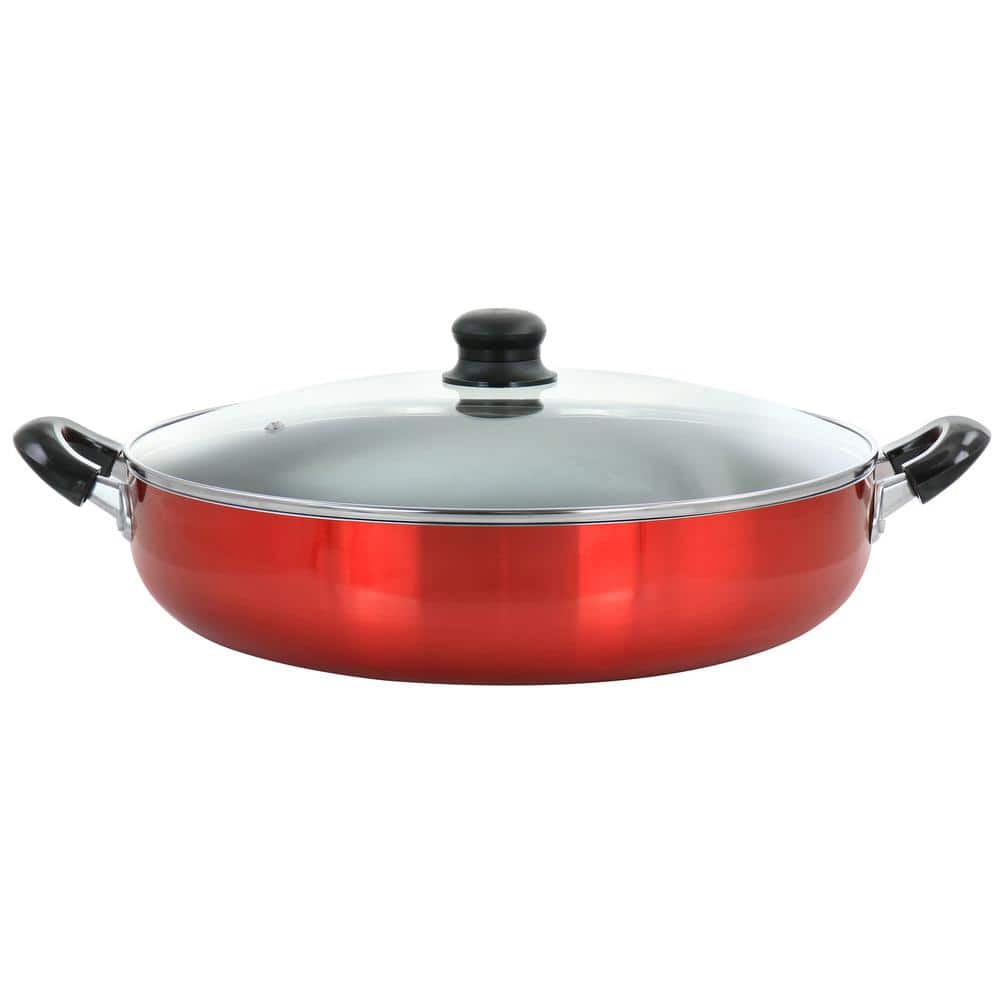 Better Chef 16 inch Red Aluminum Deep Fryer Pan with Glass Lid
