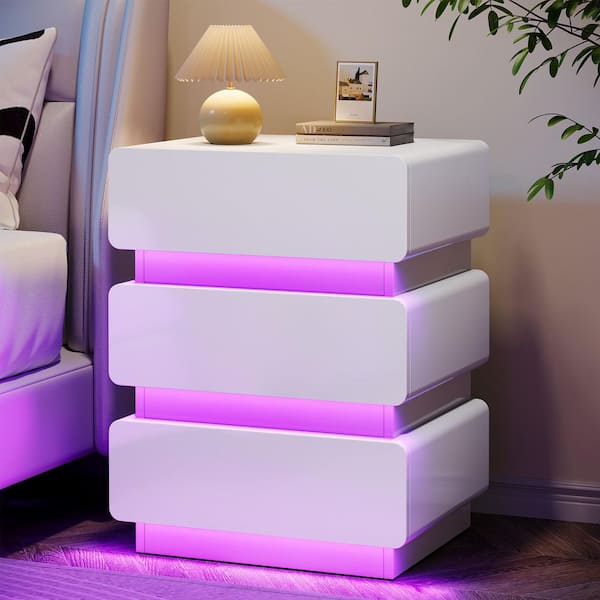 BYBLIGHT White 3-Drawers 19.68 in. W Nightstand with LED Lights, Bedside End Table with Storage for Bedroom