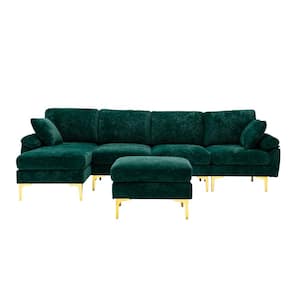 114 in. Rolled Arm 4-Piece Velvet L-Shaped Sectional Sofa in Emerald with Chaise