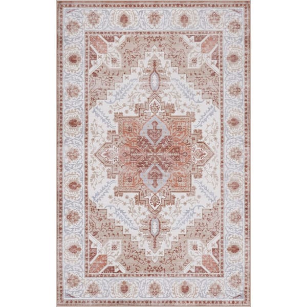Eleanor Vintage Medallion Border Machine-Washable Cream/Terra 9 ft. x 12 ft. Area Rug