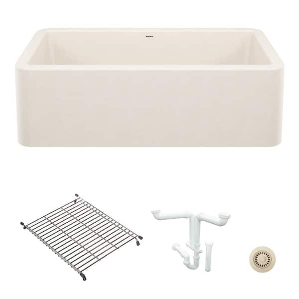 Blanco Ikon 33 in. Farmhouse/Apron-Front Single Bowl Soft White Granite Composite Kitchen Sink Kit with Accessories