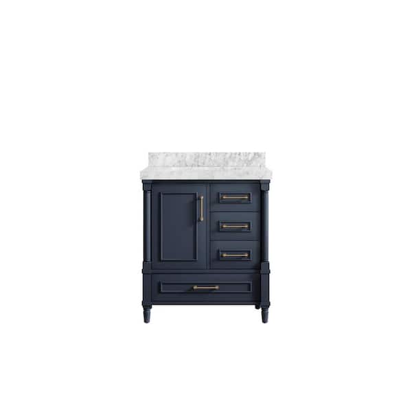 Willow Collections Hudson 30 in. W x 22 in. D x 36 in. H Bath Vanity in Navy Blue with 2 in. Carrara Marble Top