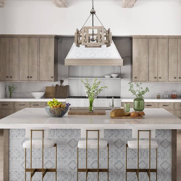 Farmhouse 4-Light Wood Island Drum Rustic Brown Chandelier, Metal Dining Room Ceiling Light