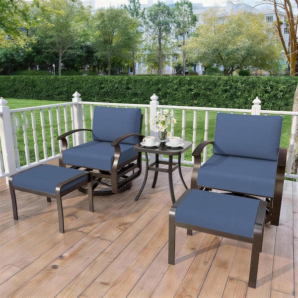 Brownish Black Swivel Aluminum Outdoor Rocking Chair Set with Side Table, 2 Ottomans and Cushion Navy Blue