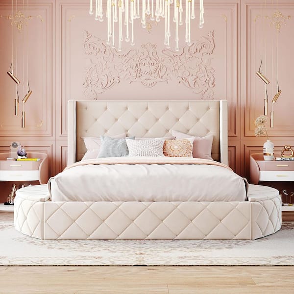 Beige Wood Frame Queen Size Platform Bed with Wingback Headboard and 1 Big Drawer