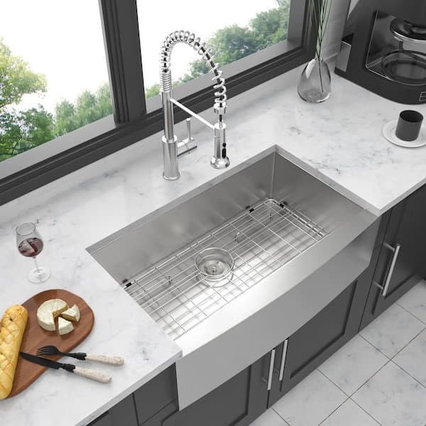 36 in. in Farmhouse Apron Front Single Bowl 18-Gauge Brushed Nickel Stainless Steel Kitchen Sink with Bottom Grids