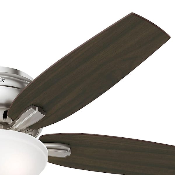Hunter Newsome 52 Low Profile Ceiling Fan with Cased White Bowl Light Kit - Brushed Nickel - Medium Walnut/Dark Walnut Blades