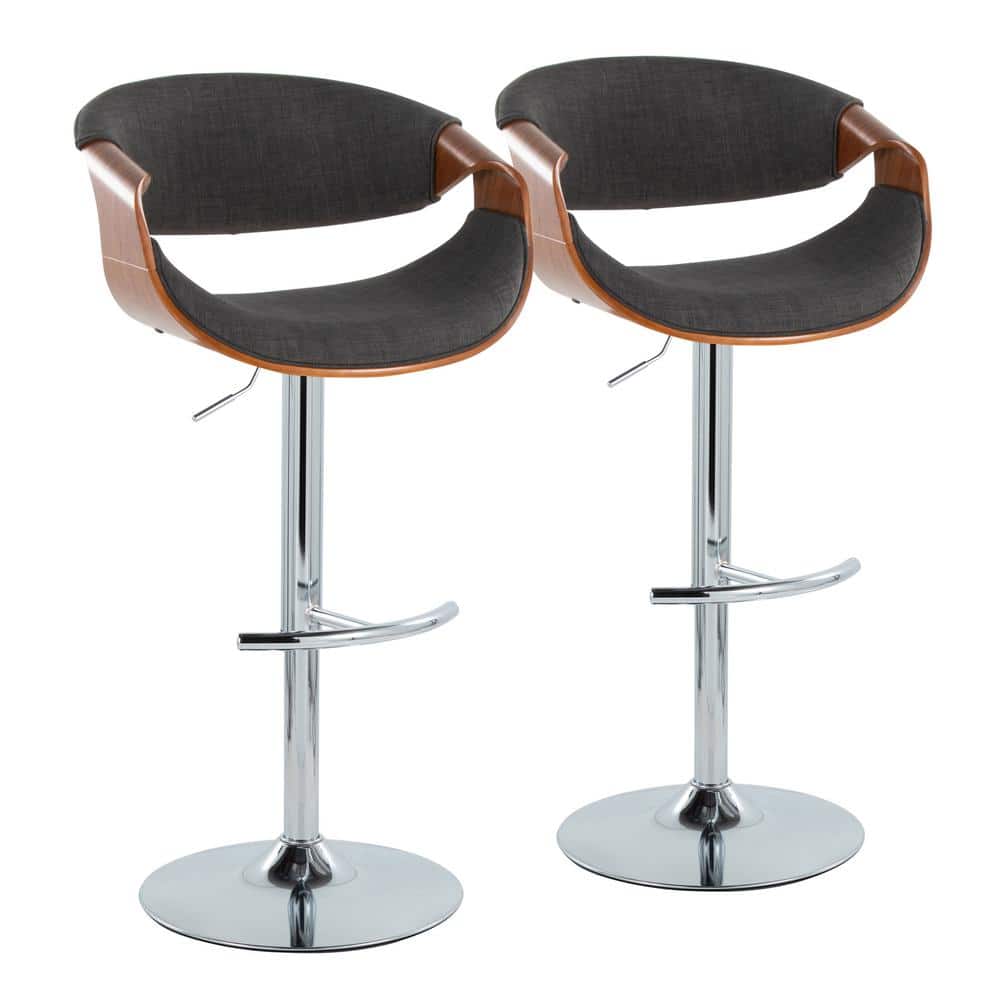 Lumisource Curvo 33.5 in. Charcoal Fabric, Walnut Wood and Chrome Metal Adjustable Bar Stool with Rounded T Footrest (Set of 2)