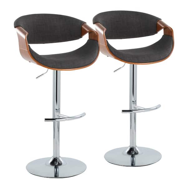 Lumisource Curvo 33.5 in. Charcoal Fabric, Walnut Wood and Chrome Metal Adjustable Bar Stool with Rounded T Footrest (Set of 2)