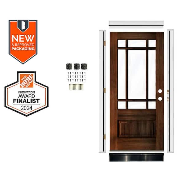 36in.x80in.Prairie Hemlock LH 9-Lite Clear Glass RedMahogany Wood AssemblyRequired Front Door Kit w/QuickAssembleJamb
