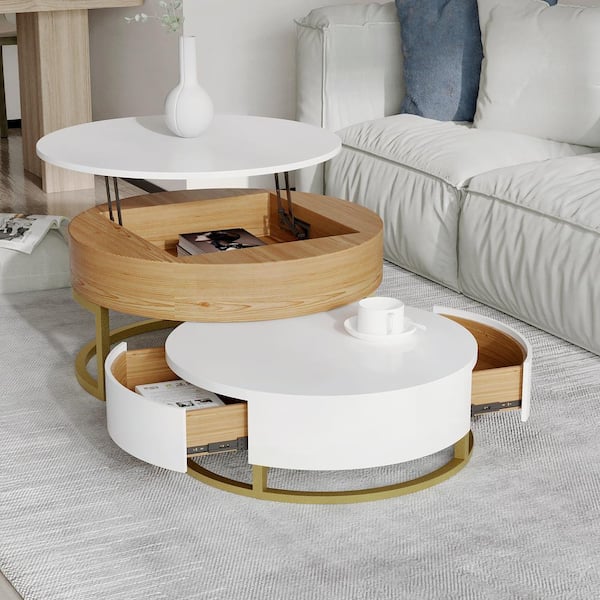 Storage Lift And Rotatable Drawers, Round Pull Up Coffee Table
