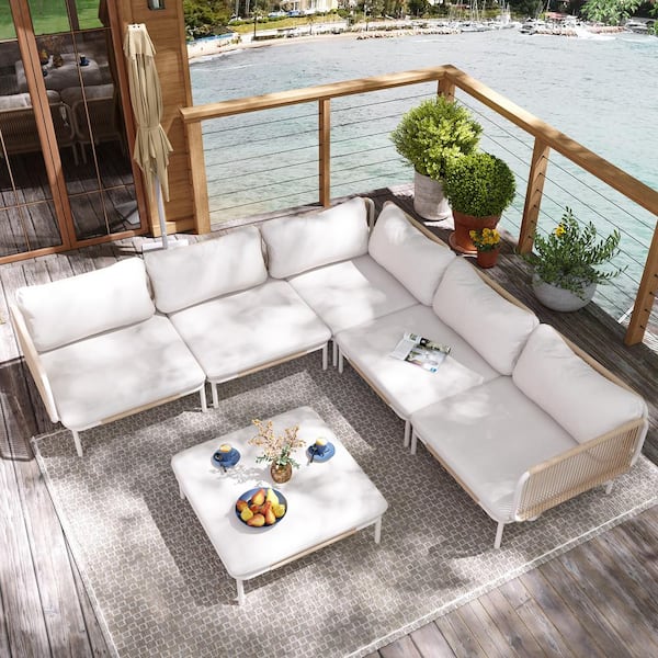 6-Piece Metal Outdoor Sectional Sofa with Beige Cushions Twelve Armrest