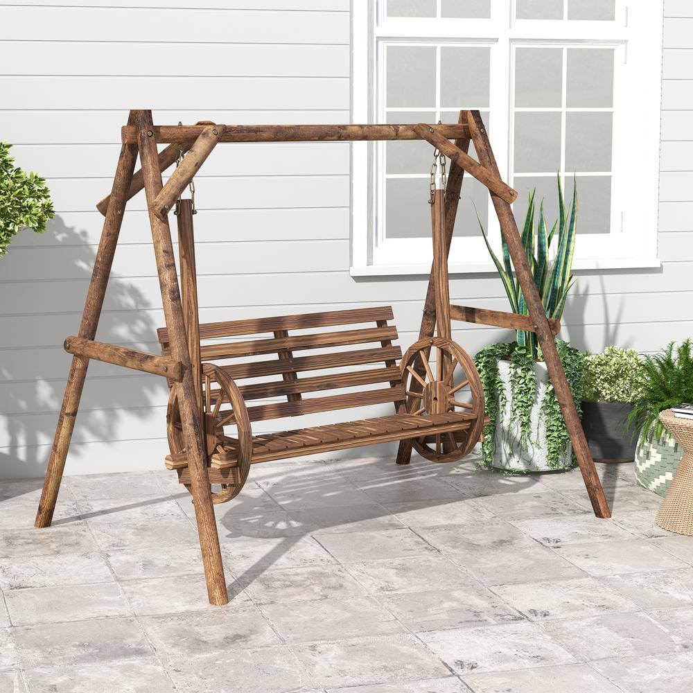 Rustic Carbonized Fir Wood 2-Person Porch Swing with Wagon Wheel Armrests