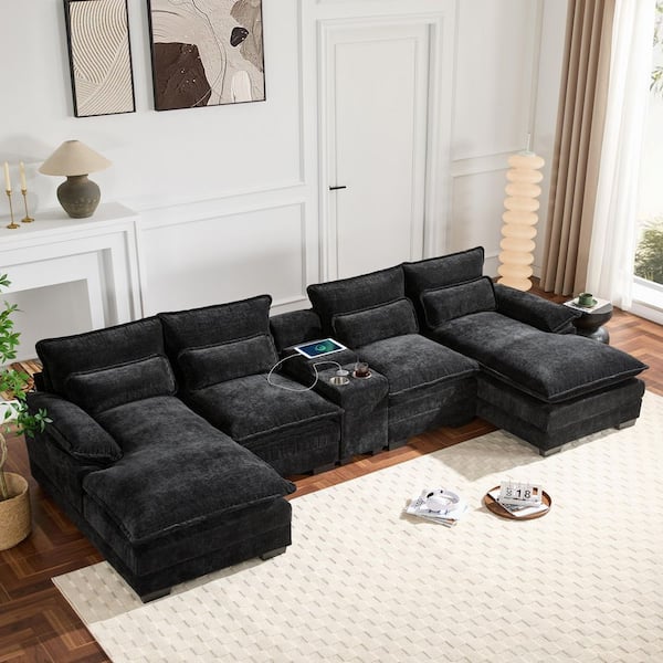 123 in. W Pillow Top Arm Chenille U-Shaped Sectional Sofa in Black with 4-Lumbar Pillows, Console, Cup Holder, USB Ports