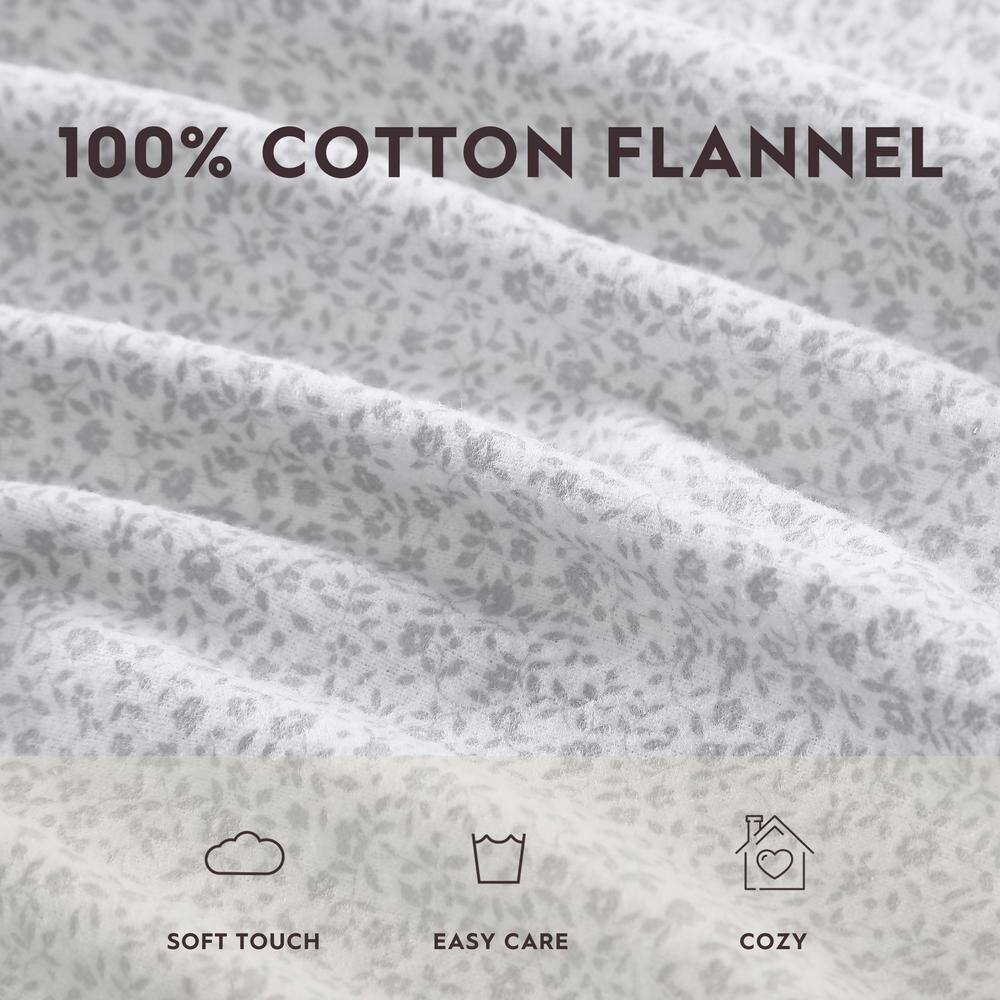 Chelsie Vine Gray Cotton Flannel King Sheet Set with Pillowcases