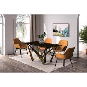 Nuvor Modern Dining Table with a 71 in. Glass Rectangular Top and Gold Steel Pedestal Base, Black Seats 8