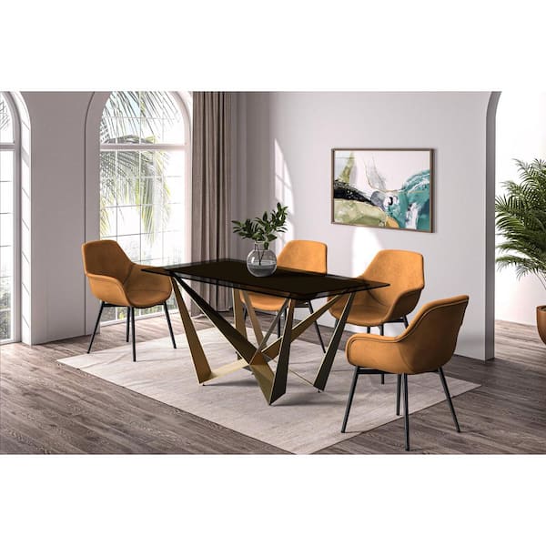 Leisuremod Nuvor Modern Dining Table with a 71 in. Glass Rectangular Top and Gold Steel Pedestal Base, Black Seats 8