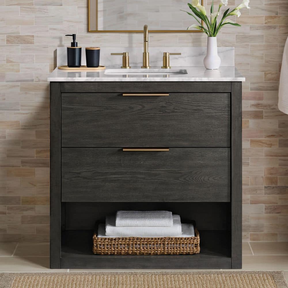 Kortine 36 in. Single Sink Black Oak Bath Vanity with White Natural Carrara