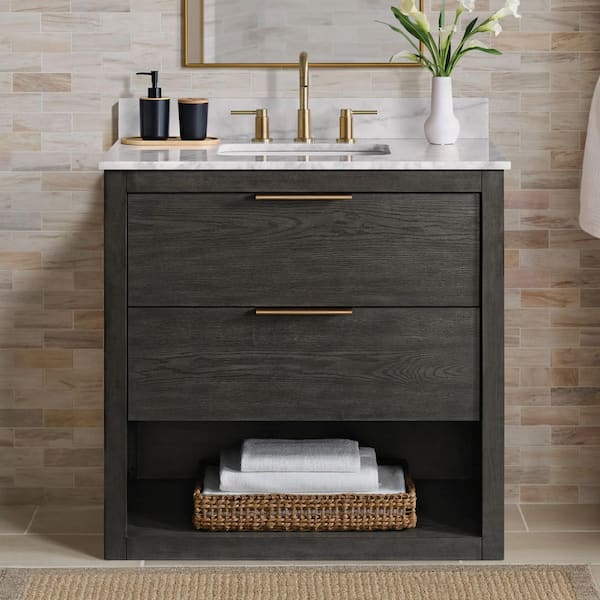 Kortine 36 in. Single Sink Black Oak Bath Vanity with White Natural Carrara Top (Assembled)