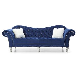 Wilshire 98 in. Round Arm Velvet Tufted Straight 2-Seat Sofa in Blue
