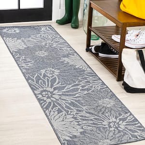 Bahamas Modern All-Over Floral Navy/Gray 2 ft. x 8 ft. Indoor/Outdoor Area Rug