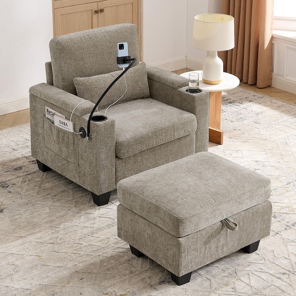 Laverna Brown 26.5 in. Chenille Side Chair with Adjustable Backrest, USB Port, Storage Ottoman, Phone Stand, Cup Holders