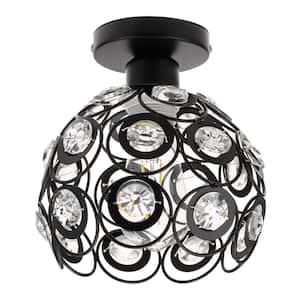 7 in. Semi Flush Mount 1-Light, Black with Antique Crystal Metal Shade