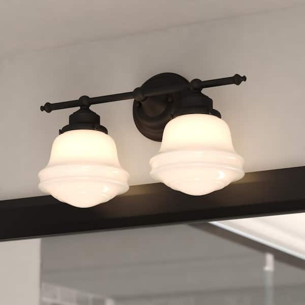 Huntley 16 in. W 2-Light Oil Rubbed Bronze Vanity Light Fixture White Milk Schoolhouse Glass Bathroom Wall Lighting