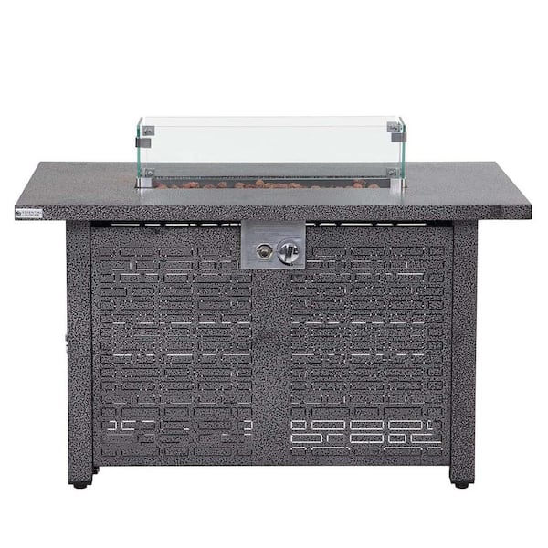 Unbranded 28 in. Gray Steel 50000 BTU Outdoor Fire Pit Table Propane Gas Fire Pit with Glass Cover/Gas Hose/Lava Stones/Rain Cover