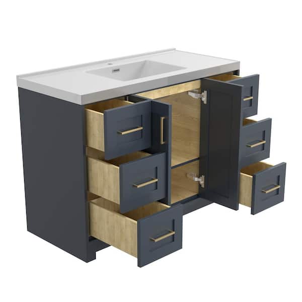 48 in. W Single Sink Freestanding Solid Wood Bath Vanity in Navy Blue with White Solid Surface Top and Basin