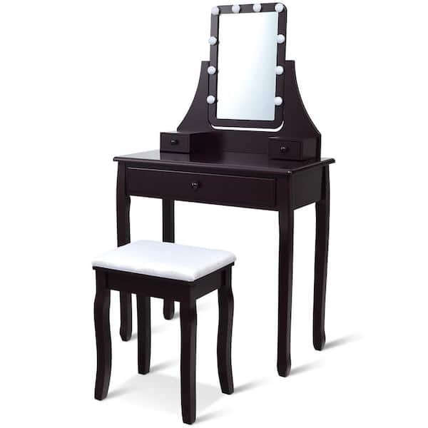 Costway 2-Piece Brown Makeup Vanity Set 10 Dimmable Bulbs Makeup Dressing Desk