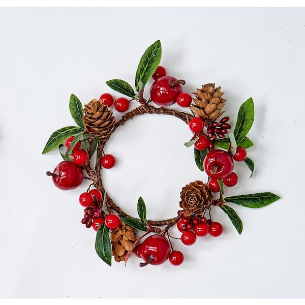 WORTH IMPORTS 3.25" GREEN LEAVES, RED APPLES/BERRIES AND PINECONE CANDLE RING (Set of 4)