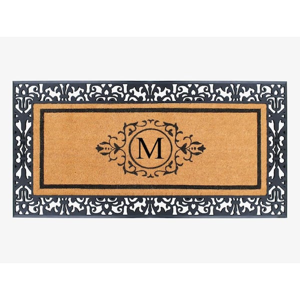 A1 Home Collections A1HC Paisley Black 30 in. x 60" Rubber and Coir Monogrammed M Durable Outdoor Entrance Door Mat