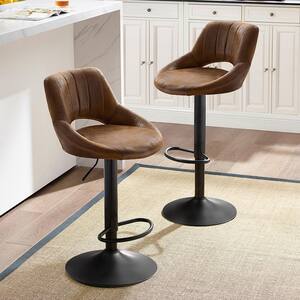 Retro 33.86 in. Height Brown Faux Leather Swivel Adjustable Height Low Back Bar Stools with Metal Frame (Set of 2)