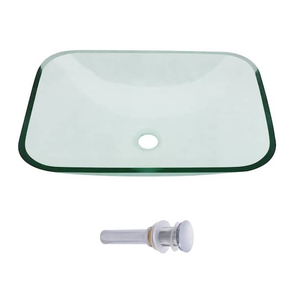 20-1/4 in. Clear Glass Rectangular Vessel Bathroom Sink with Chrome Pop-up Drain