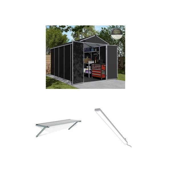 Rubicon 6 ft. x 12 ft. Dark Gray 75.4 sq. ft. Shed, Shelf Kit and LED Lighting Kit Combo