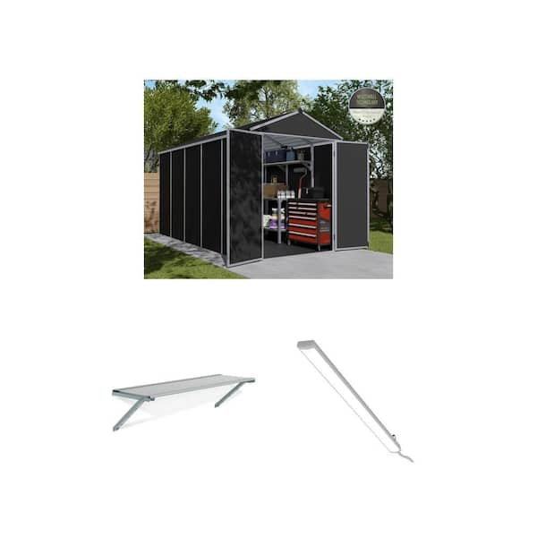 Rubicon 6 ft. x 12 ft. Dark Gray 75.4 sq. ft. Shed, Shelf Kit and LED Lighting Kit Combo