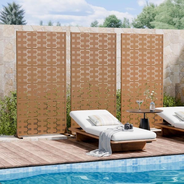 1-Piece 6 ft. x 3 ft. Brown Outdoor Metal Privacy Screen, 6-Panel Brick Pattern Decorative Screen for Patio