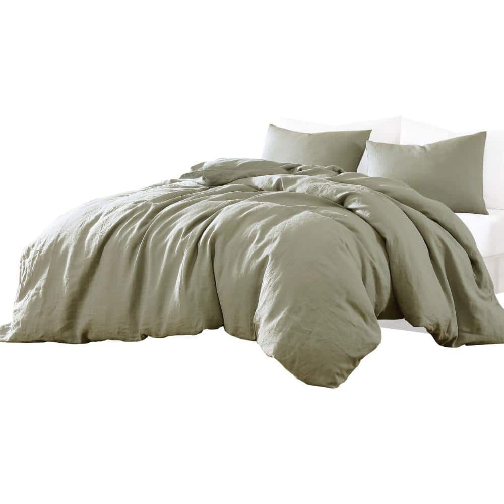 Benjara Edge 4 Piece Sage Green Solid Print Linen King Comforter