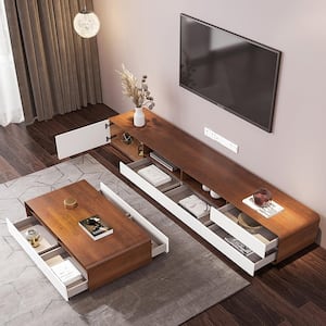 94 in. Storage Wood Lowline Media Cabinet TV Stand Console with 4 Drawers, Walnut Veneer and White, Fully-assembled