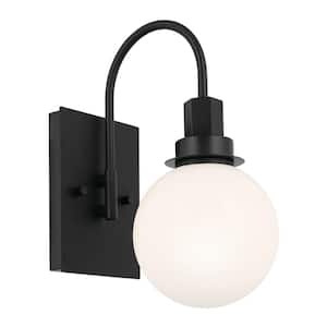 Hex 11.5 in. 1-Light Black Bathroom Wall Sconce Light with Opal Glass Shade