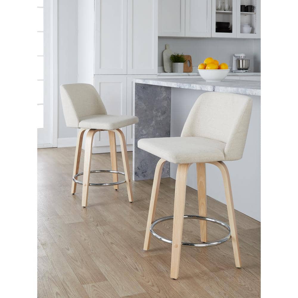 Cream Upholstered Swivel Counter Stool with Natural Wood Legs