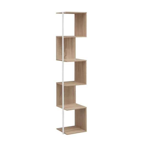 Yaztra 62.25 in. Tall Natural Composite 5-Shelf Corner Bookcase With Cylinder Metal Leg Post