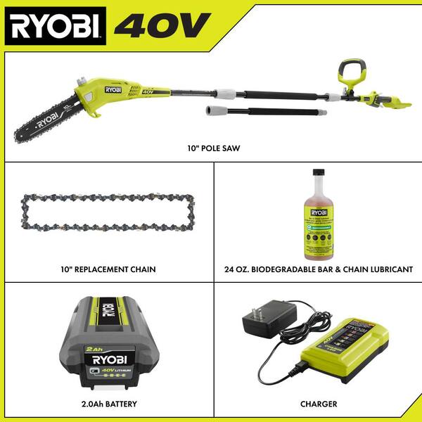 RYOBI 40V 10 in. Cordless Battery Pole Saw Extra Chain and Oil with 2.0 Ah Battery and Charger RY40560 RY10C1 RYBIO24 The Home Depot