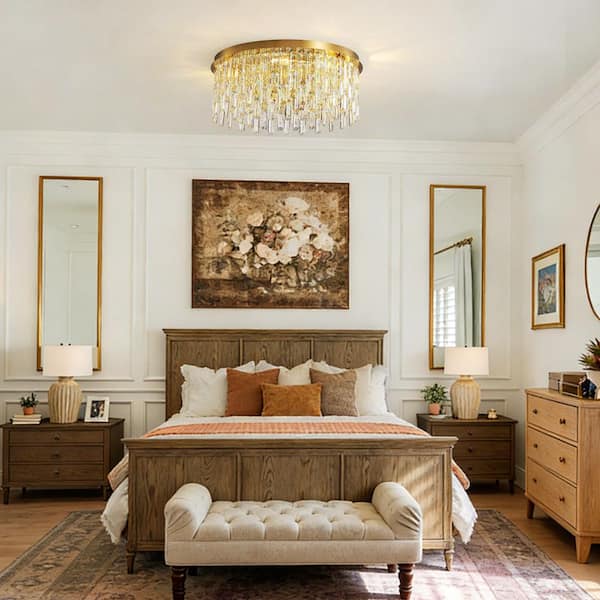 SILJOY 7-Light Gold Crystal Round Flush Mount Chandelier with