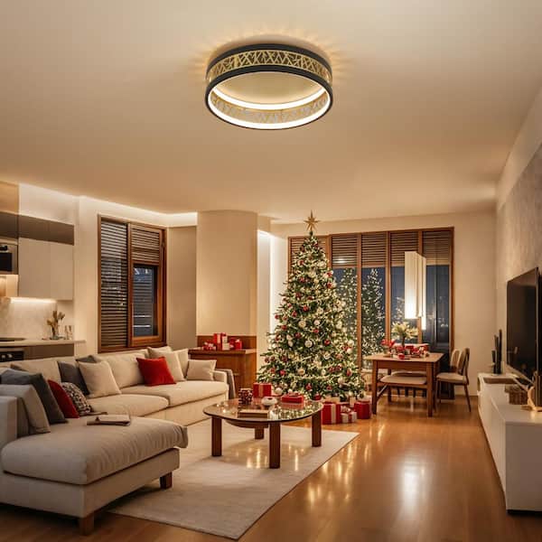 TOZING 15.7 in. Black and Gold Farmhouse Integrated LED Flush Mount Ceiling Light Industrial Antique Style with Remote and APP