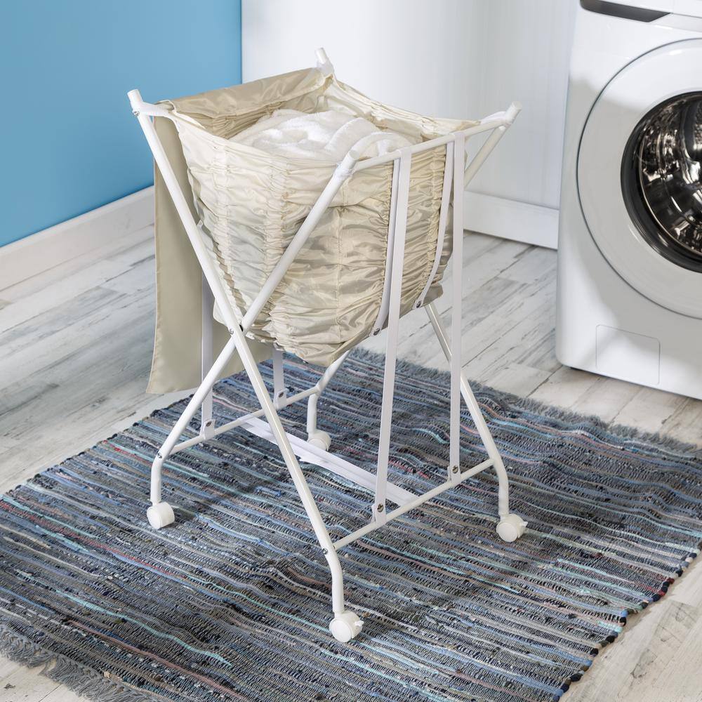 Beige Collapsible Steel Frame Hamper with Wheels and Lid